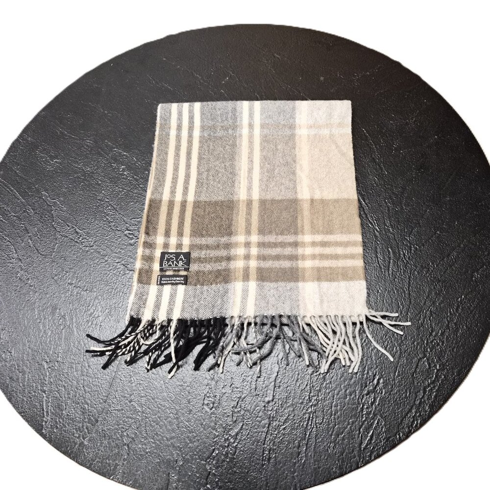 Jos. A. Bank 100% Cashmere Plaid Scarf – Beige, Cream & Gray Pastel Tones Check